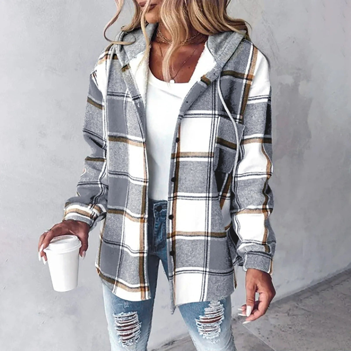 Fall Brushed Plaid Hooded Button Front Shirt Jacket for Women in Gray