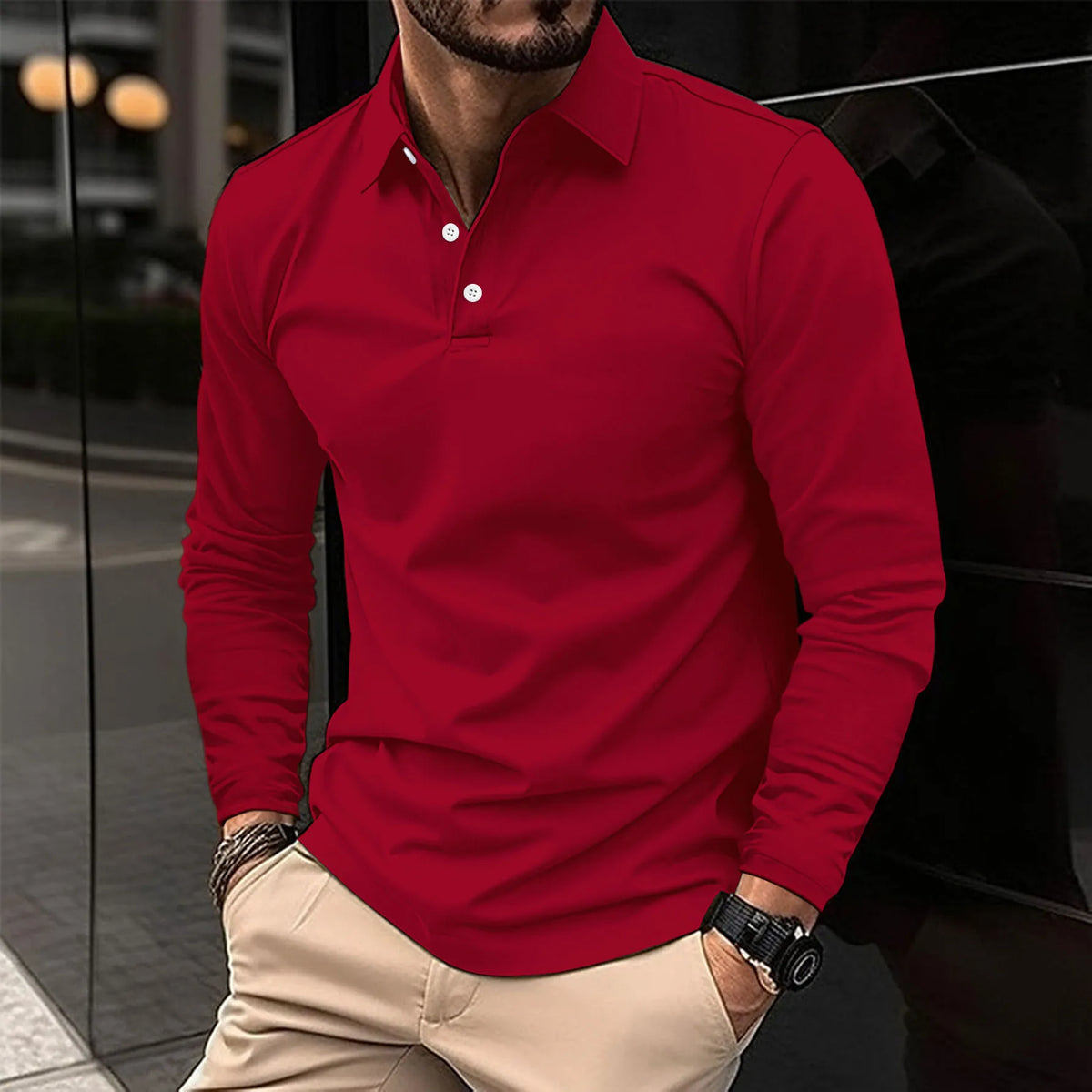 Fall Slim Fit Long Sleeve Button Polo Shirt for Men in Red