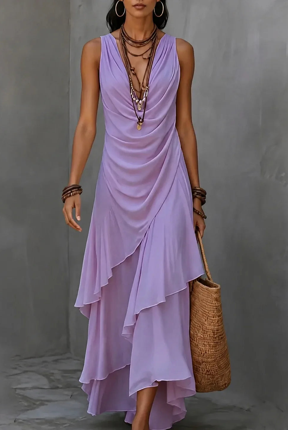 Tiered ruffle ruched waist boho maxi dress in purple