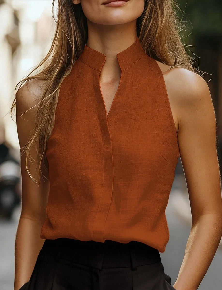 Mock neck sleeveless linen blend blouse in orange