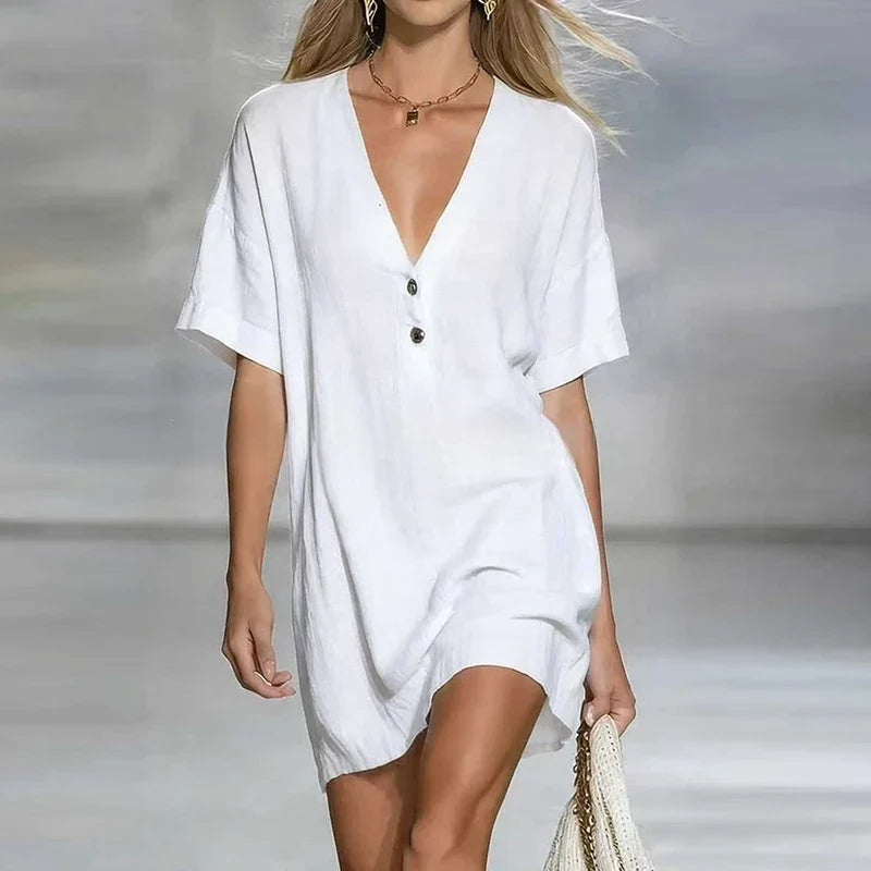 V-neck button cotton linen mini shirt dress in white