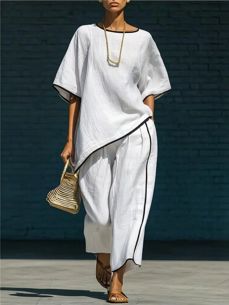 Short sleeve top and cropped wide leg pant set in white