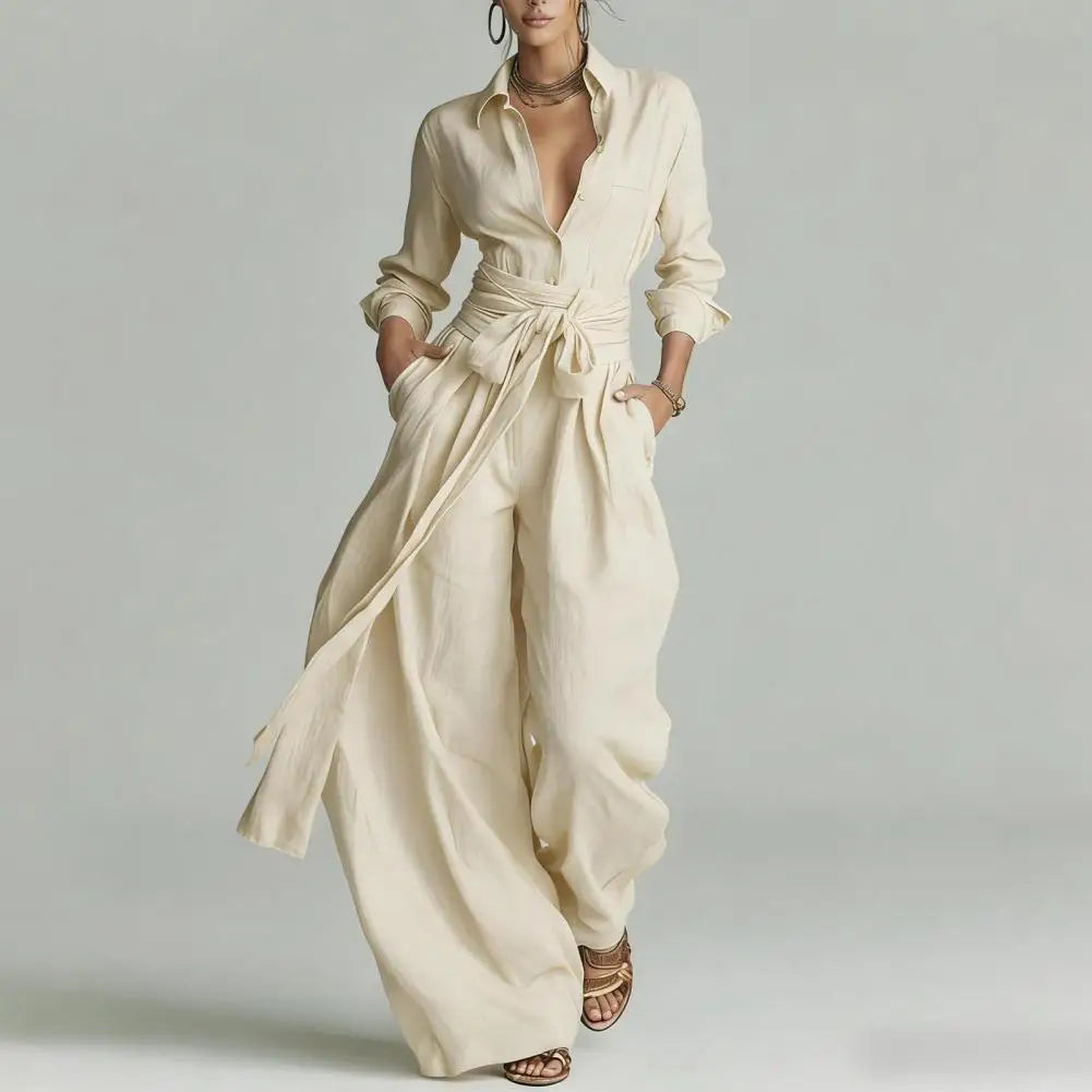 Open collar shirt and high waist wide leg set in apricot