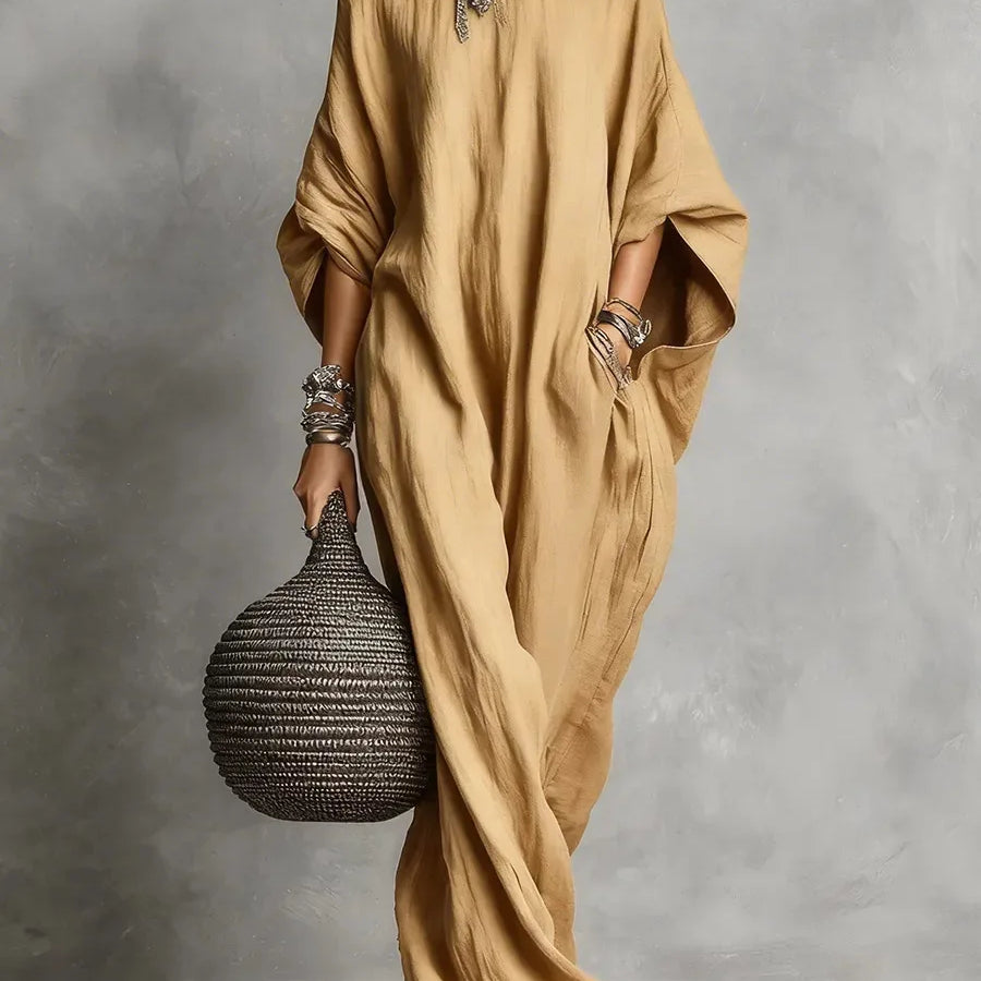 Batwing sleeve loose fit maxi dress in khaki