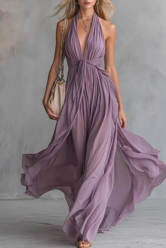 Plunging halter open back pleated maxi dress in purple
