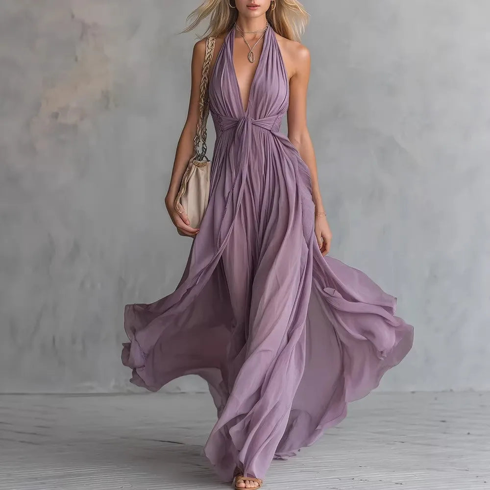 Plunging halter open back pleated maxi dress in purple