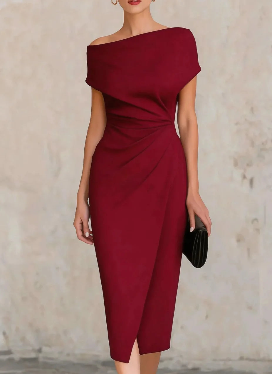 One shoulder pleated waist slit midi dress in red