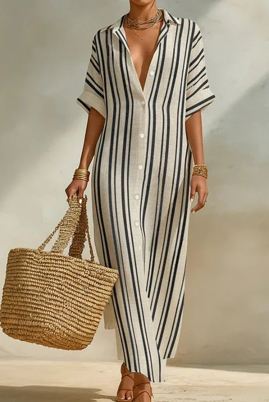 Striped linen blend long shirt dress in gray