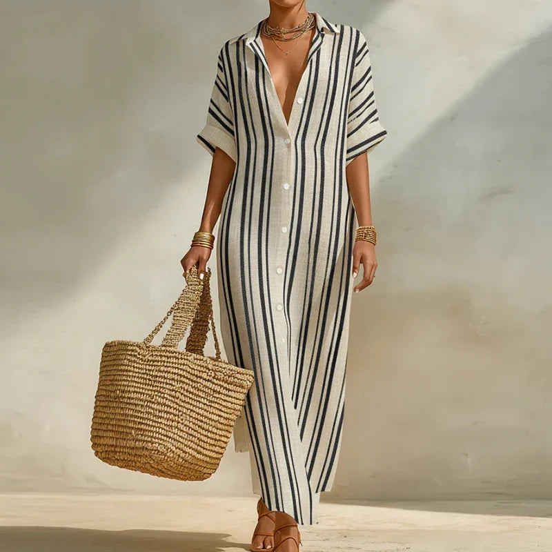Striped linen blend long shirt dress in gray