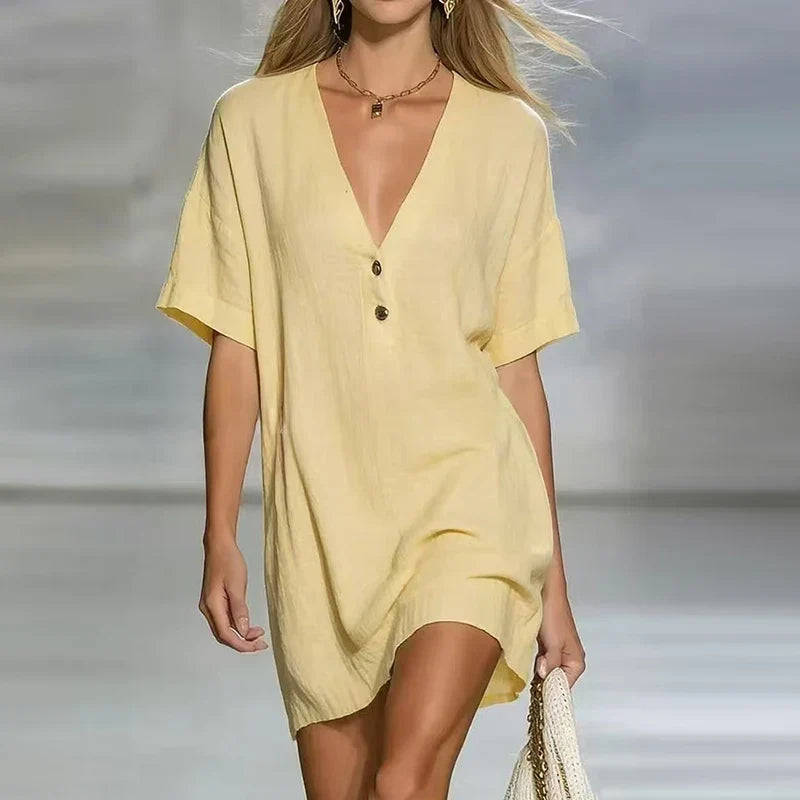 V-neck button cotton linen mini shirt dress in lemon yellow