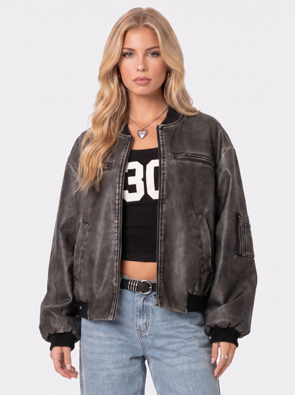 Bomber Jacket Womens Washed Faux Leather Utility Sleeve Pocket