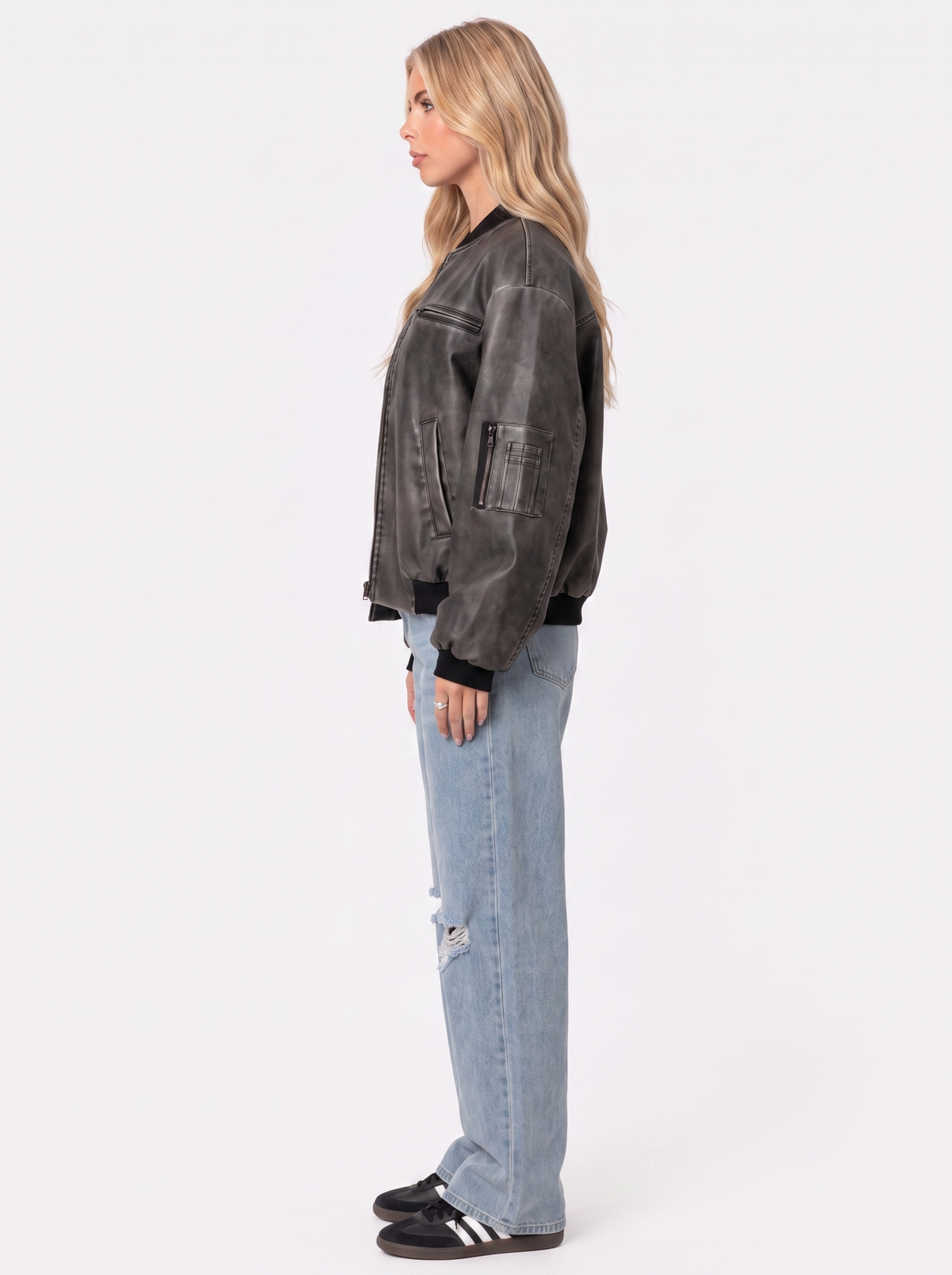 Bomber Jacket Womens Washed Faux Leather Utility Sleeve Pocket