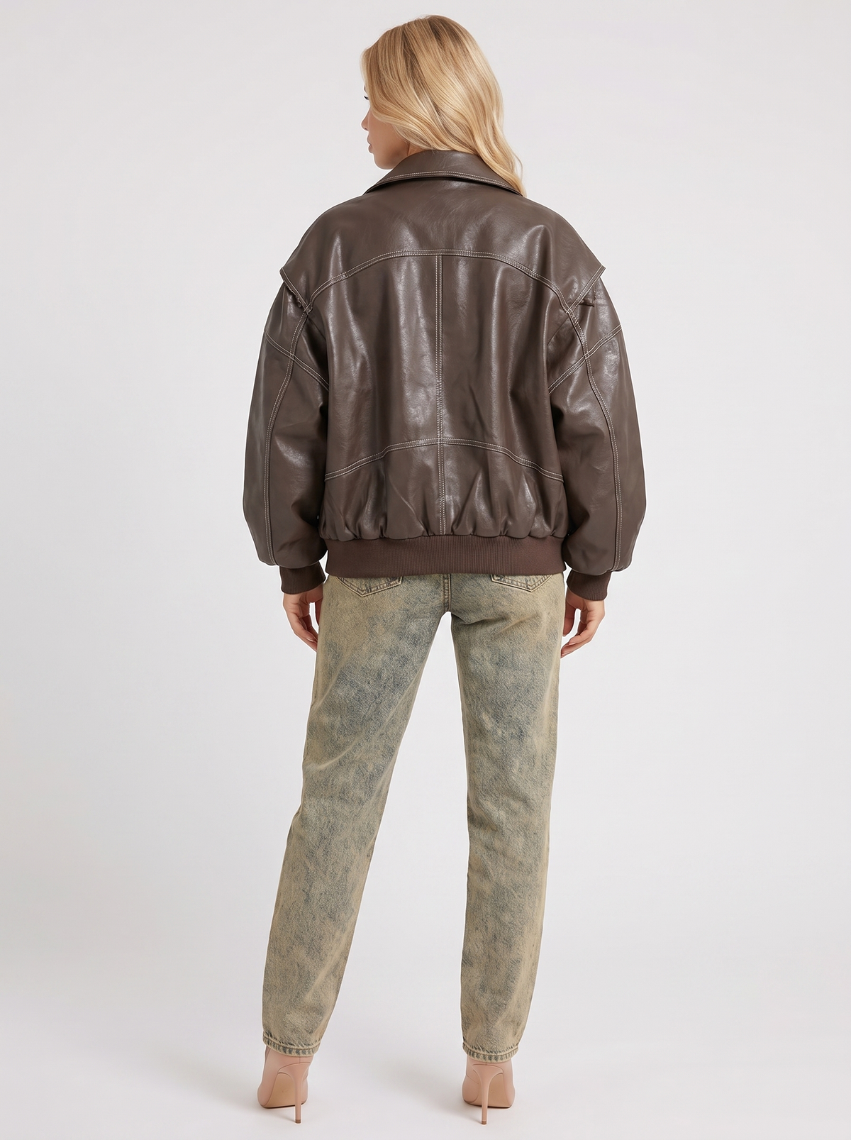 Bomber Jacket Womens Distressed Faux Leather Contrast Topstitch