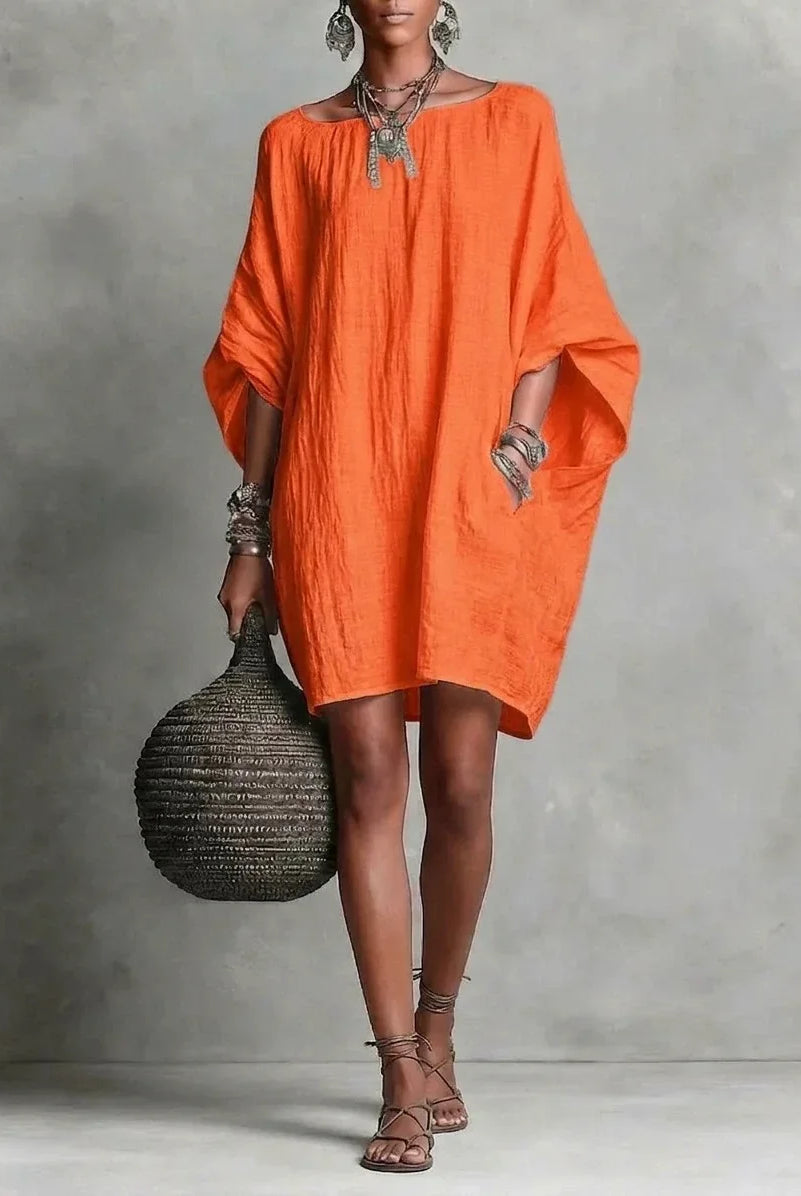 Off shoulder wide sleeve A-line tunic dress in orange