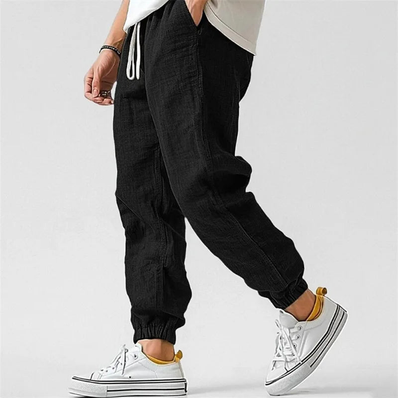 Tapered linen blend drawstring jogger pant in black