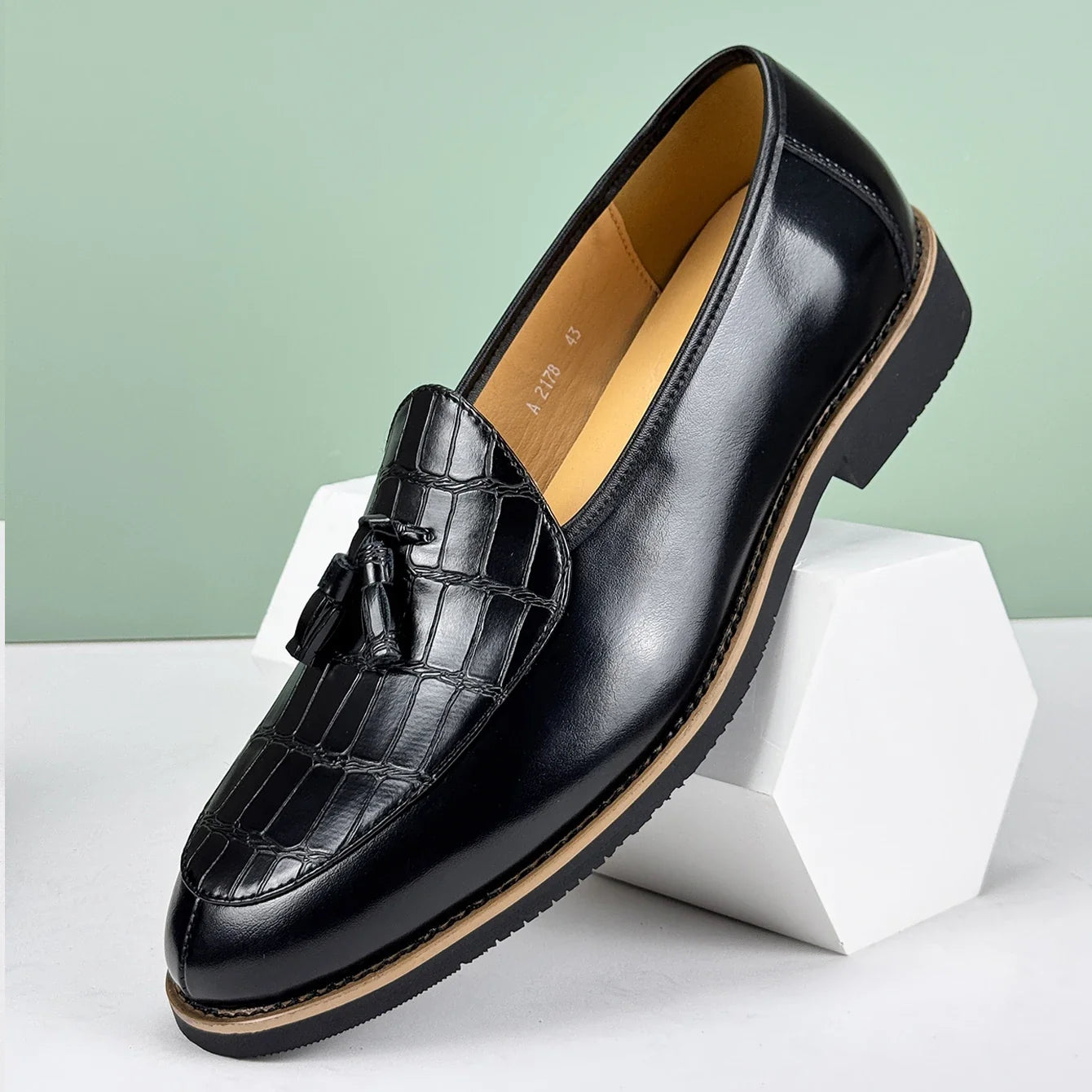 Croc embossed leather tassel loafer, view 10