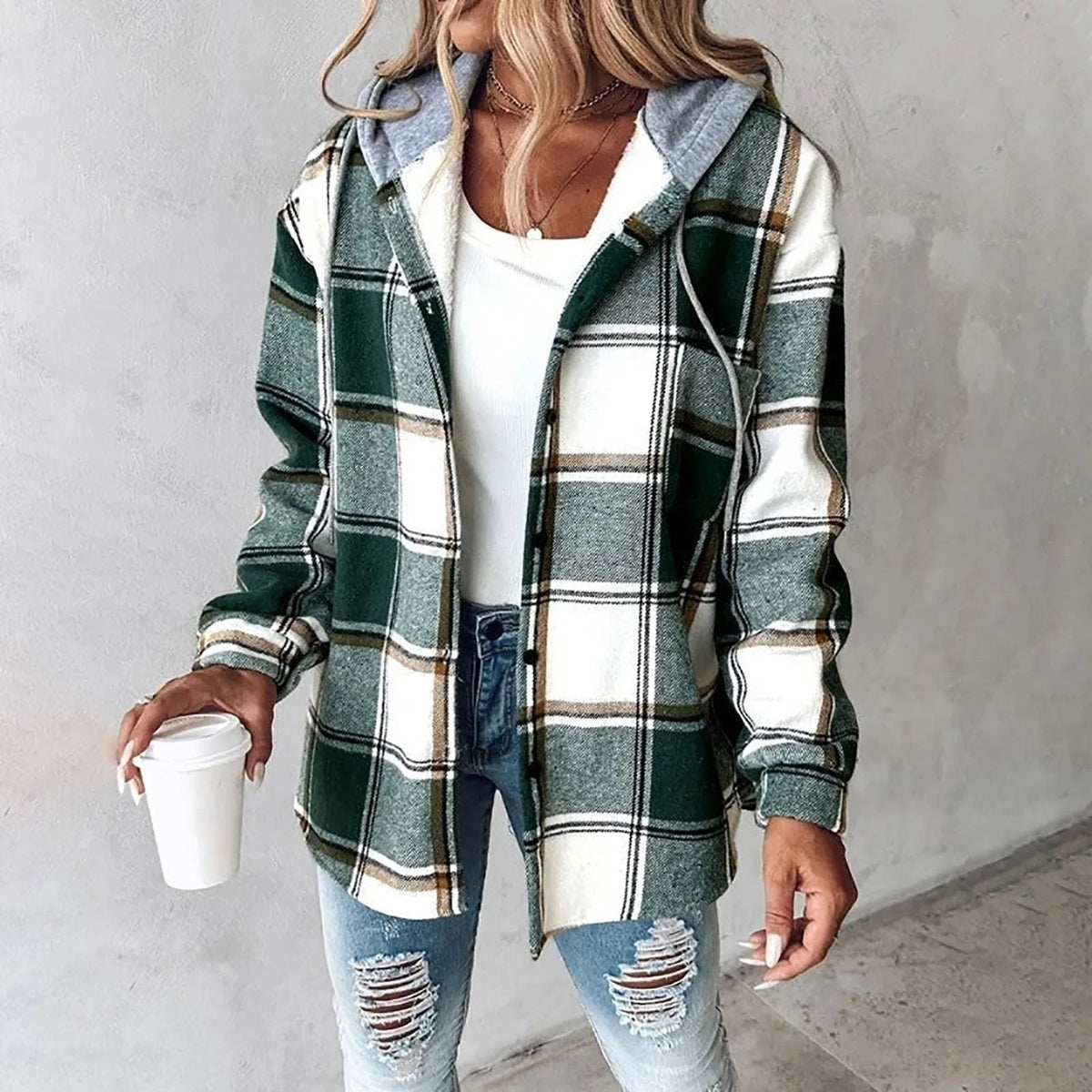 Fall Brushed Plaid Hooded Button Front Shirt Jacket for Women in Green