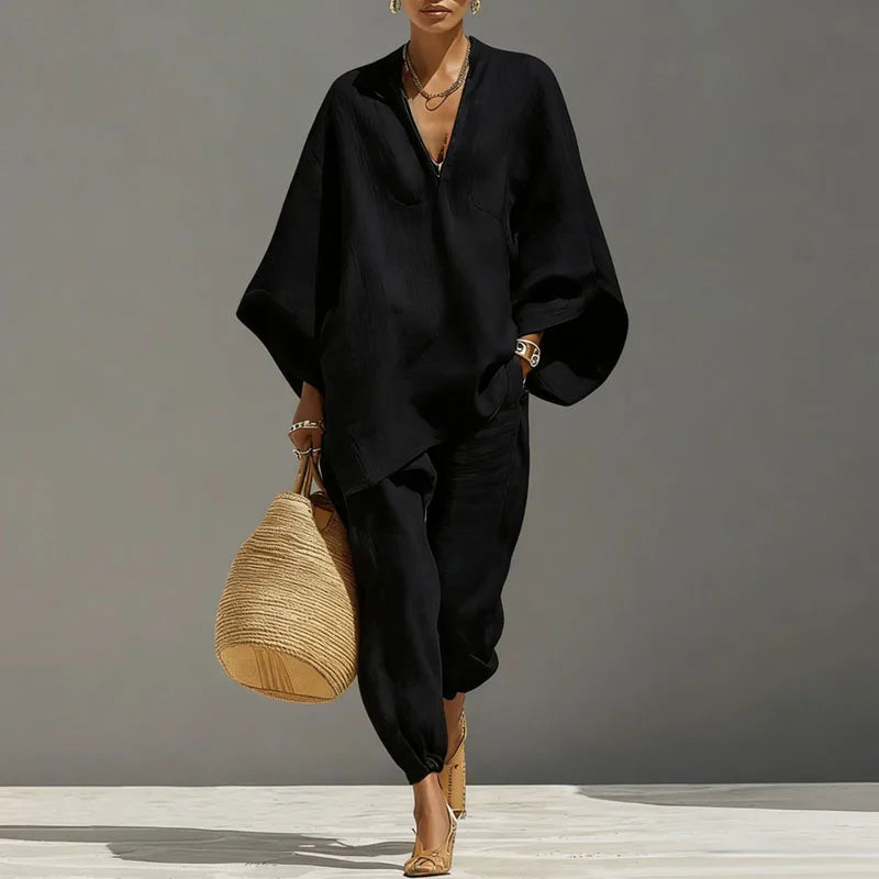 Batwing sleeve top and tapered pants set in black