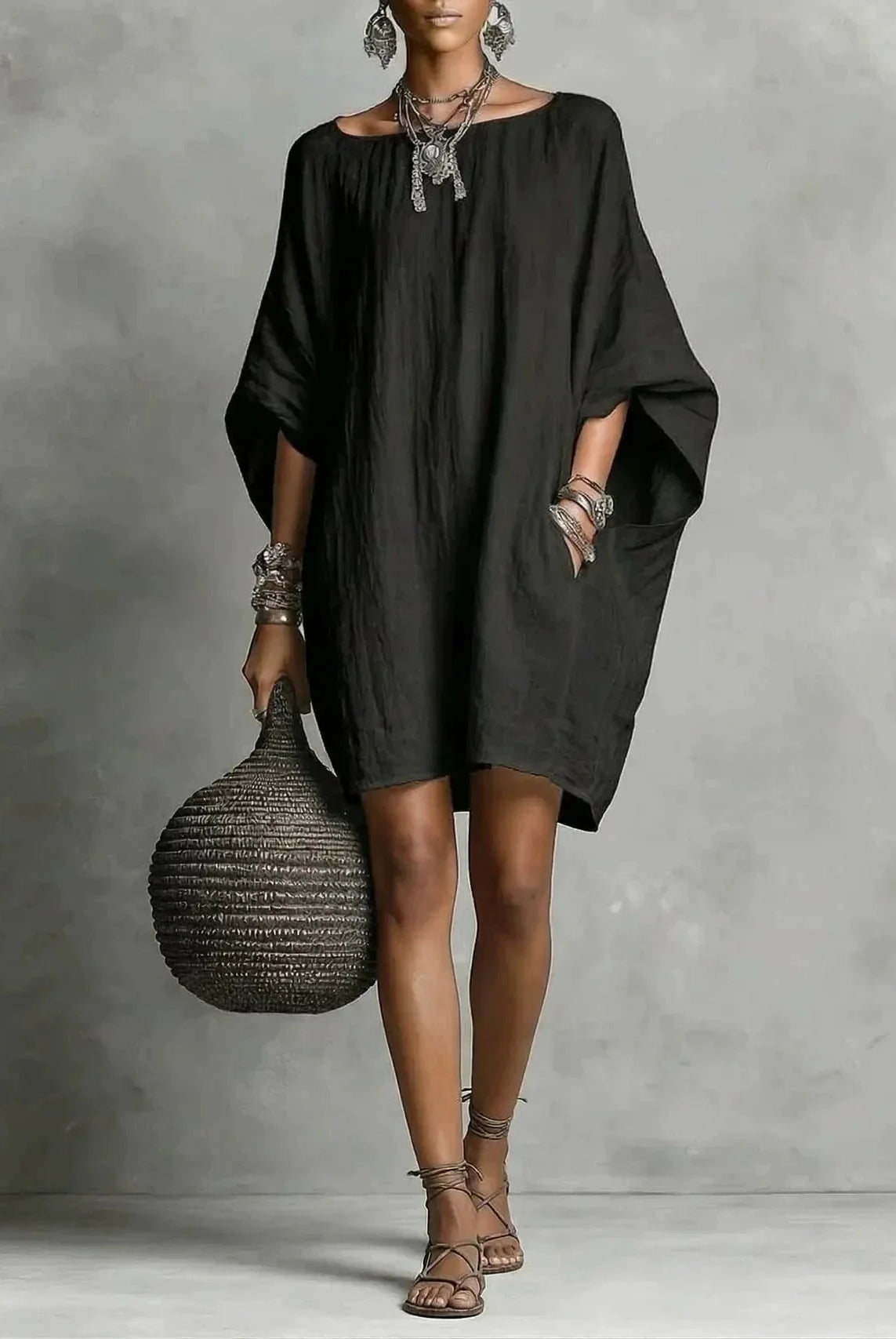 Off shoulder wide sleeve A-line tunic dress in black