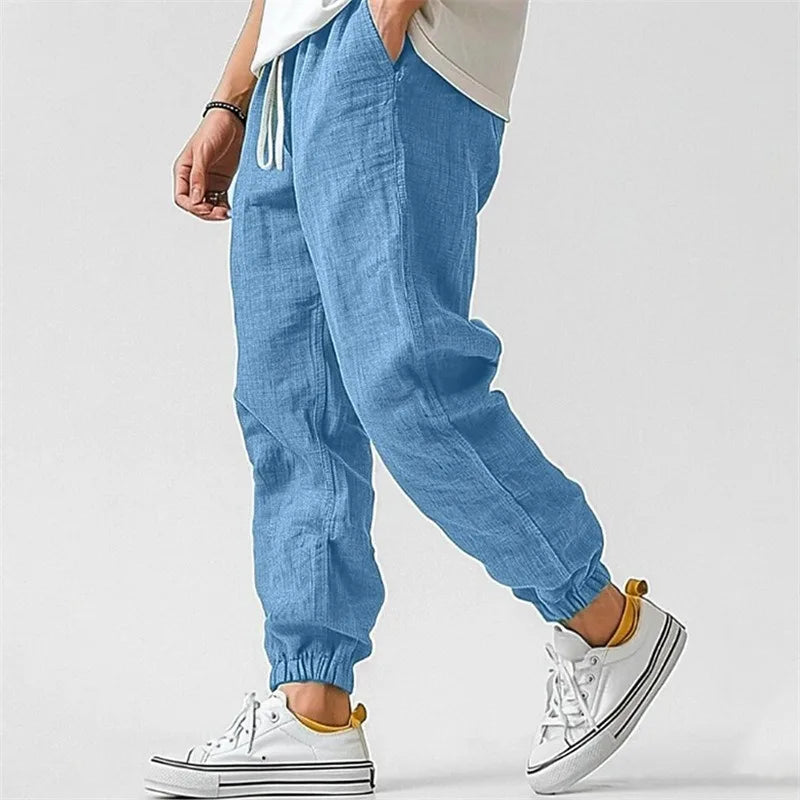 Tapered linen blend drawstring jogger pant in sky blue