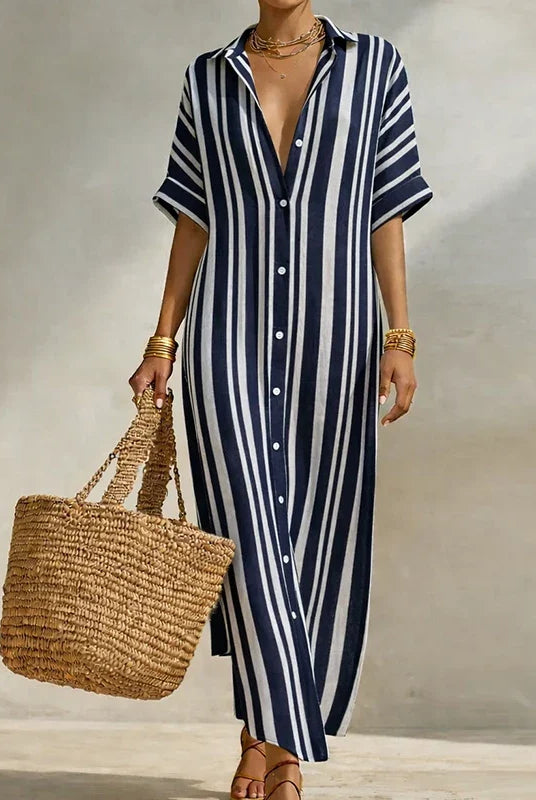 Striped linen blend long shirt dress in blue