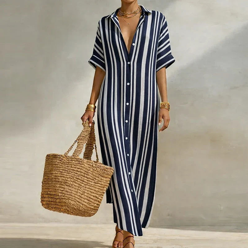 Striped linen blend long shirt dress in blue