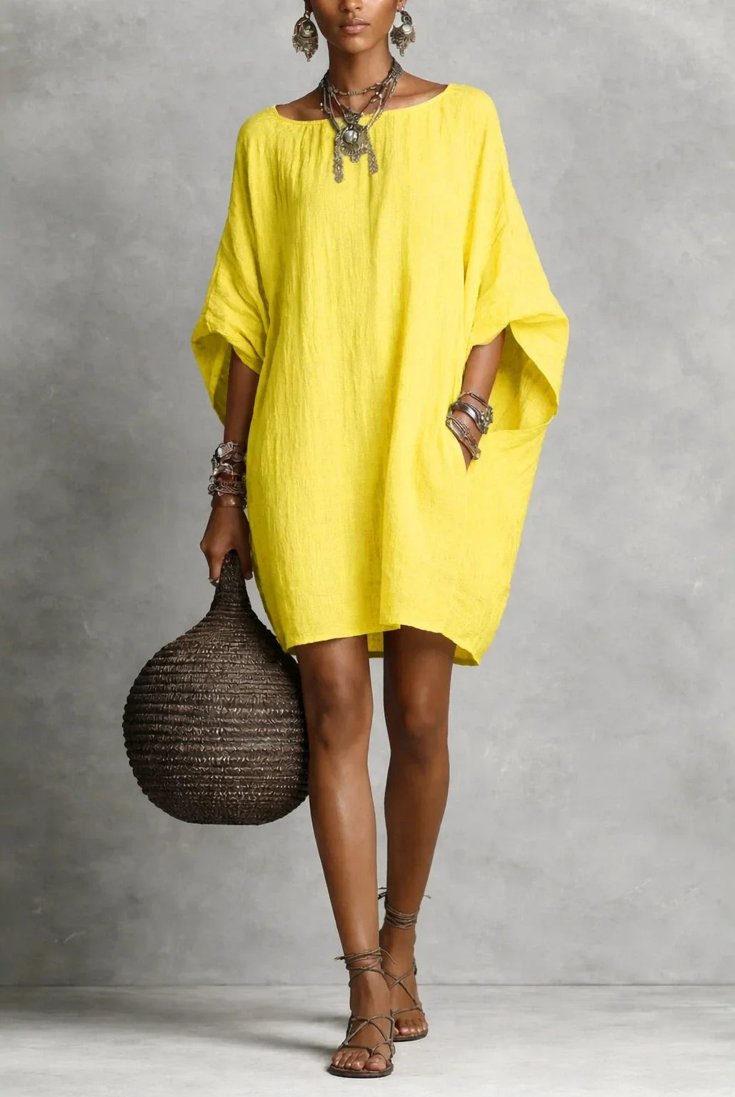 Off shoulder wide sleeve A-line tunic dress in yellow