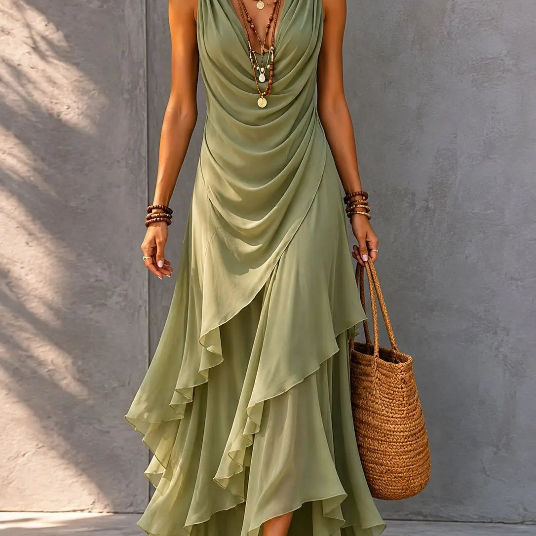 Tiered ruffle ruched waist boho maxi dress in light green