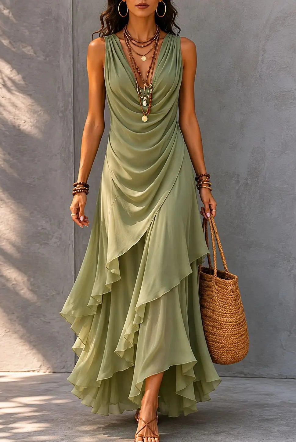 Tiered ruffle ruched waist boho maxi dress in light green