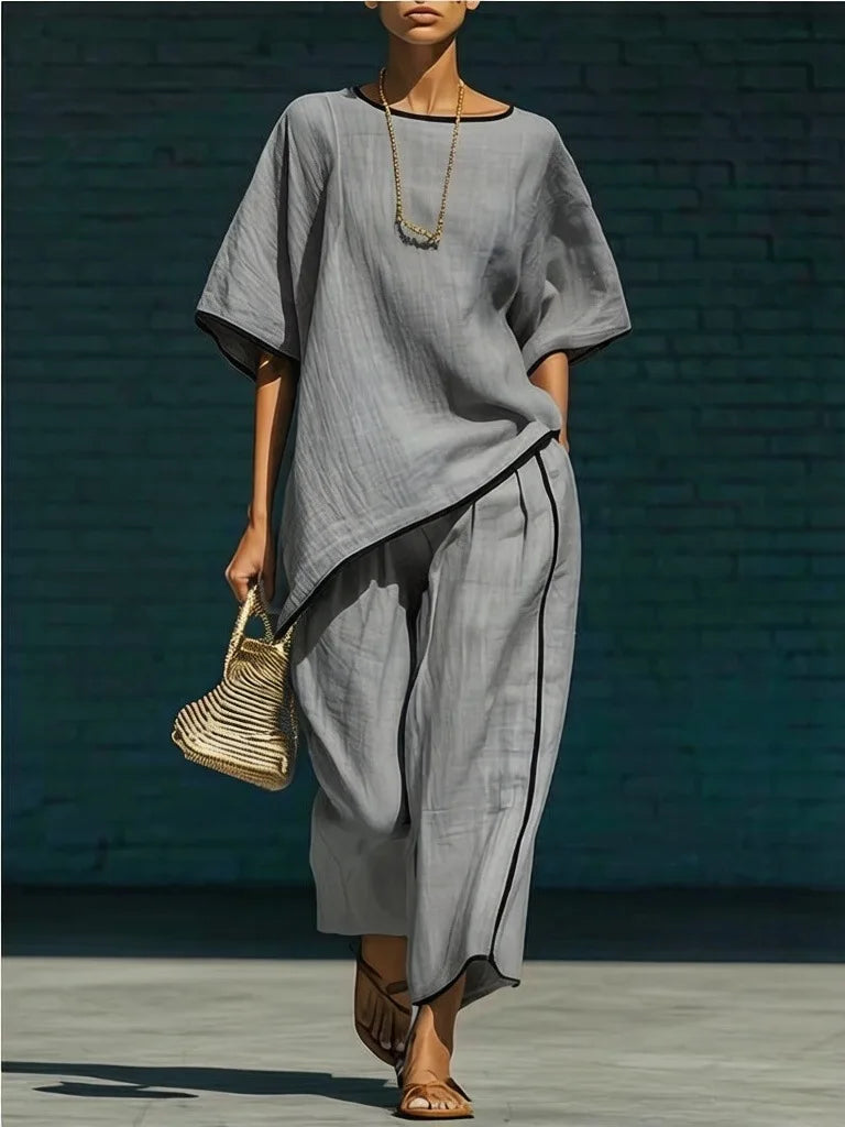 Short sleeve top and cropped wide leg pant set in gray