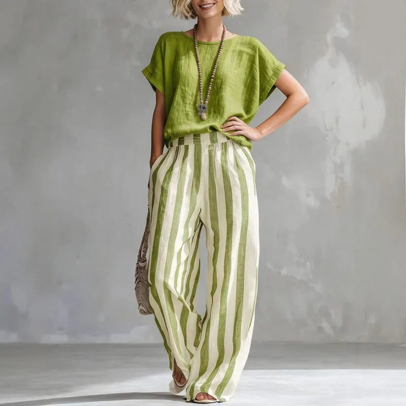 Striped cotton linen top and wide leg pants set in green