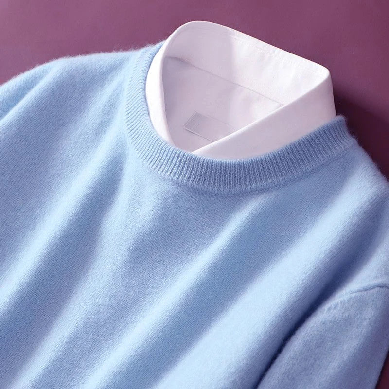 Ribbed trim cashmere blend knit sweater in sky blue
