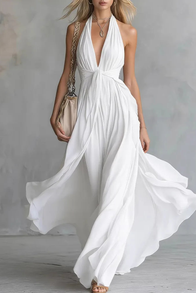 Plunging halter open back pleated maxi dress in white