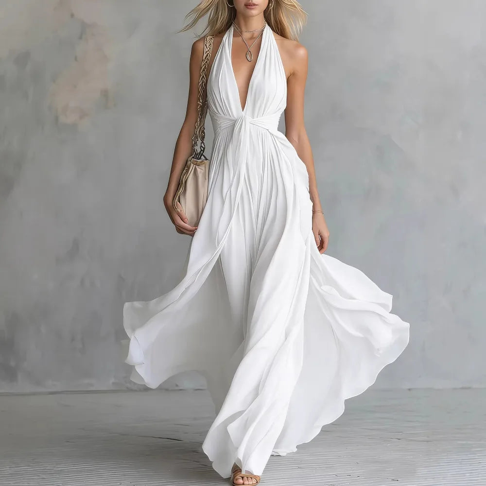 Plunging halter open back pleated maxi dress in white