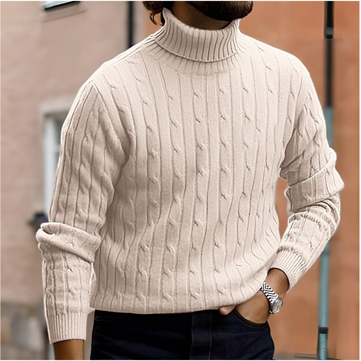 Winter Fine Cable Knit Folded Turtleneck Sweater for Men in Beige