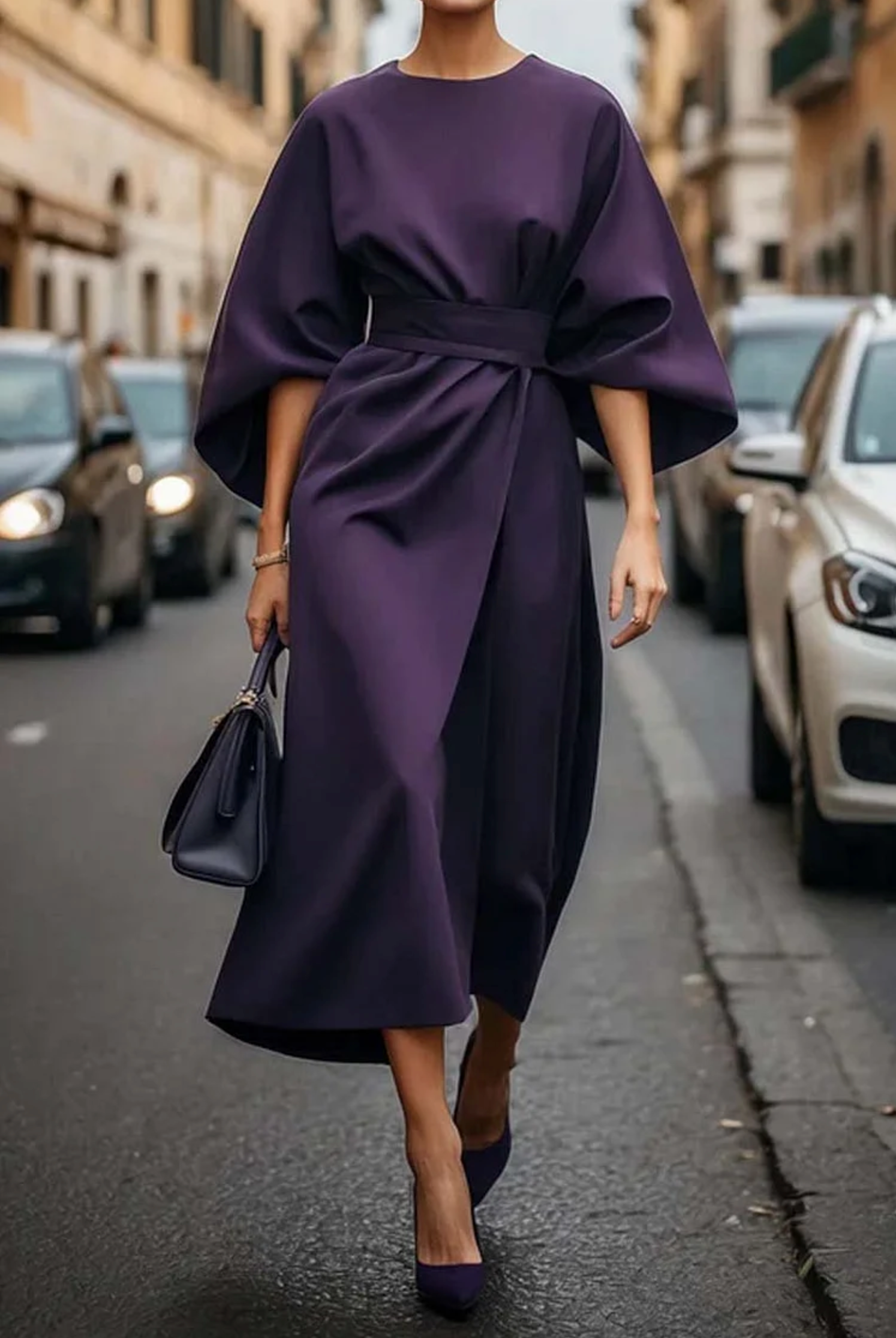 Belted waist lantern sleeve dress in violet