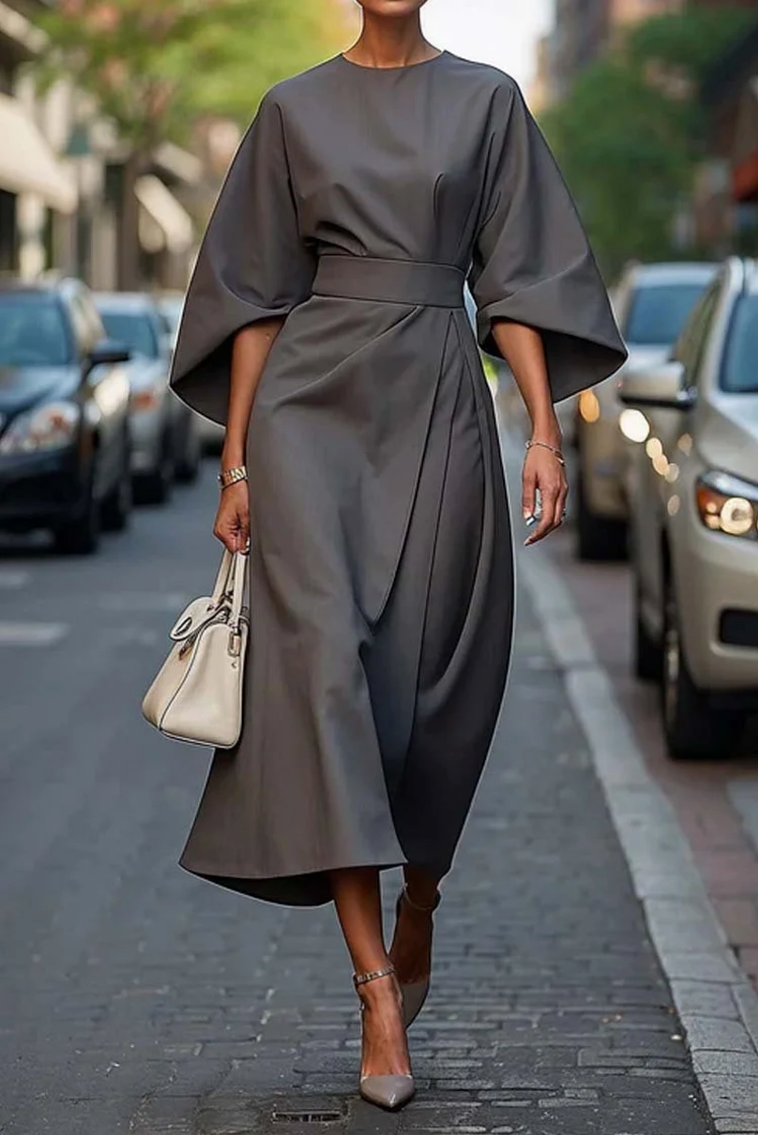 Belted waist lantern sleeve dress in gray