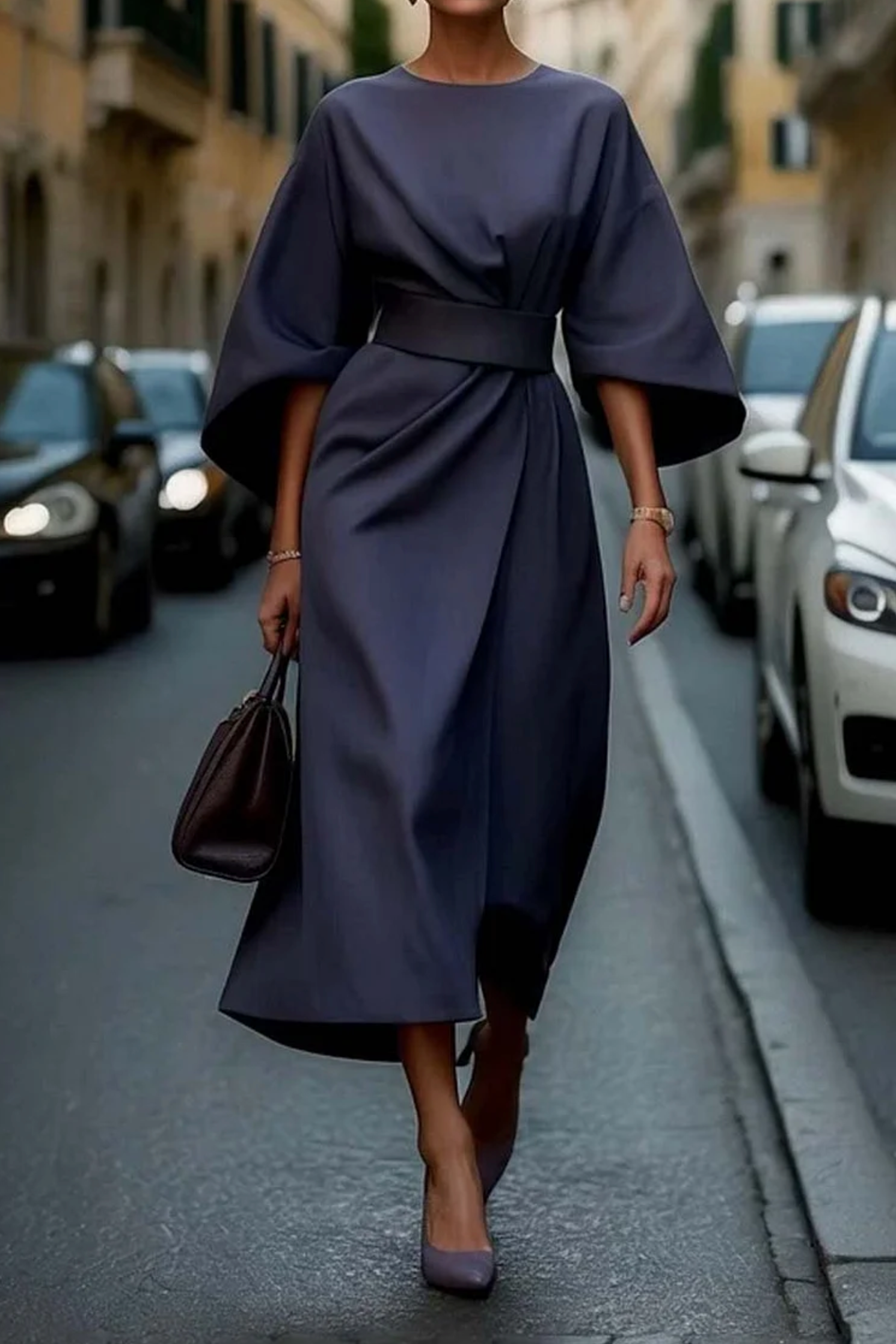 Belted waist lantern sleeve dress in navy blue