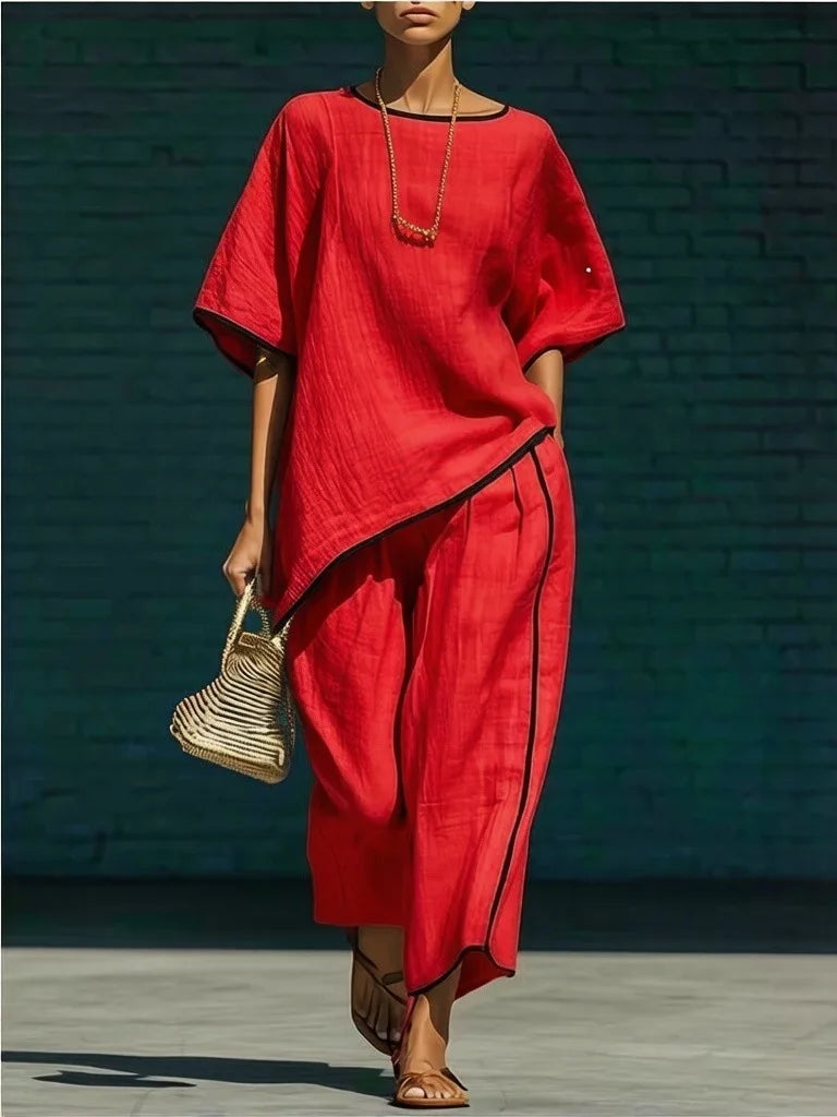 Short sleeve top and cropped wide leg pant set in red