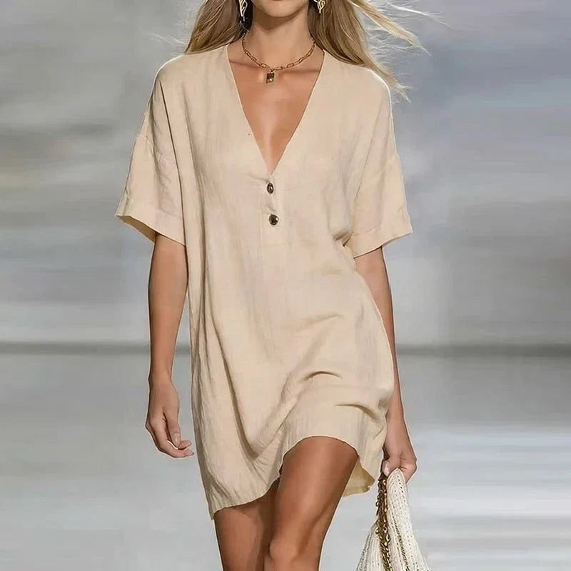 V-neck button cotton linen mini shirt dress in linen