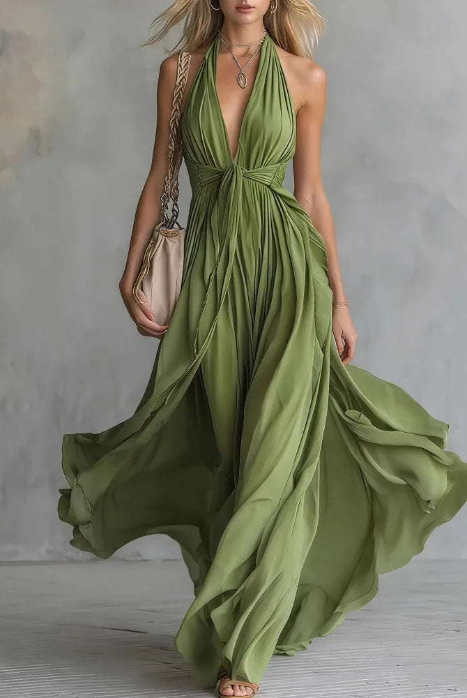 Plunging halter open back pleated maxi dress in green