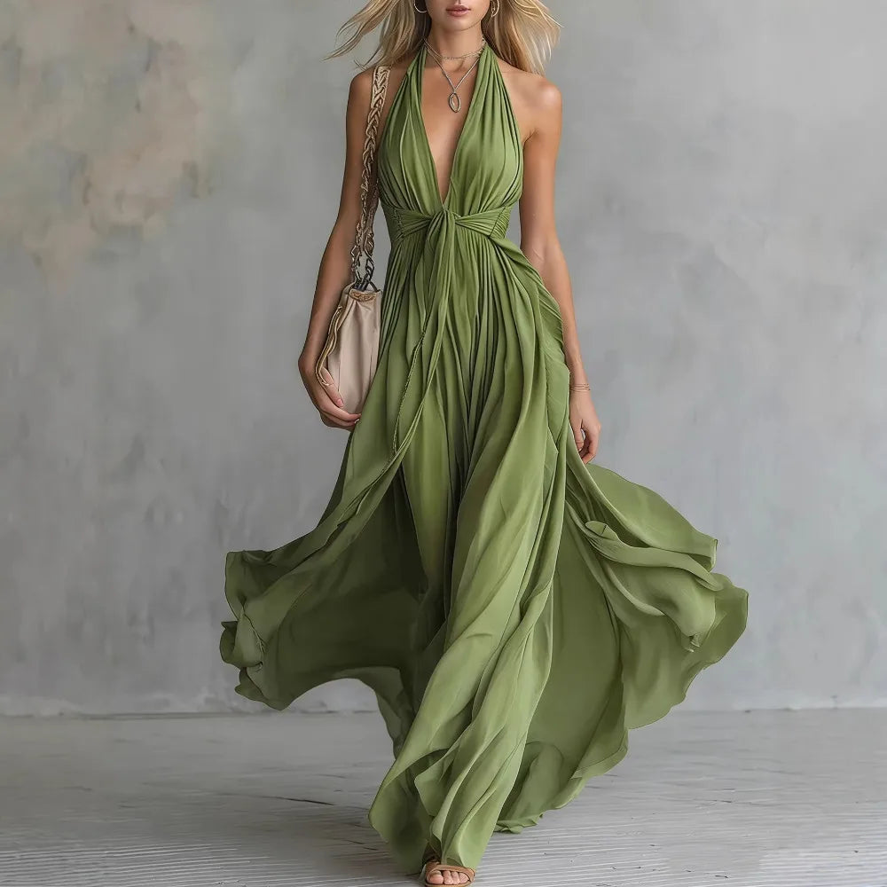 Plunging halter open back pleated maxi dress in green