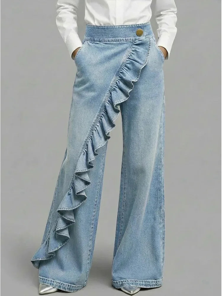 Asymmetrical ruffle detail wide leg jean in light blue