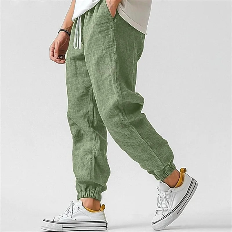 Tapered linen blend drawstring jogger pant in olive green
