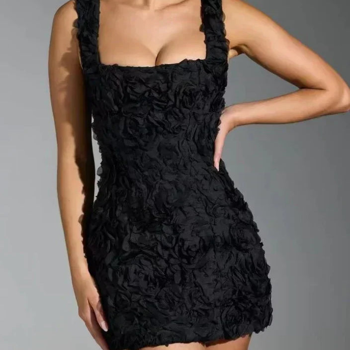 Women's 3D Rosette Floral Mini Dress Square Neck Bodycon