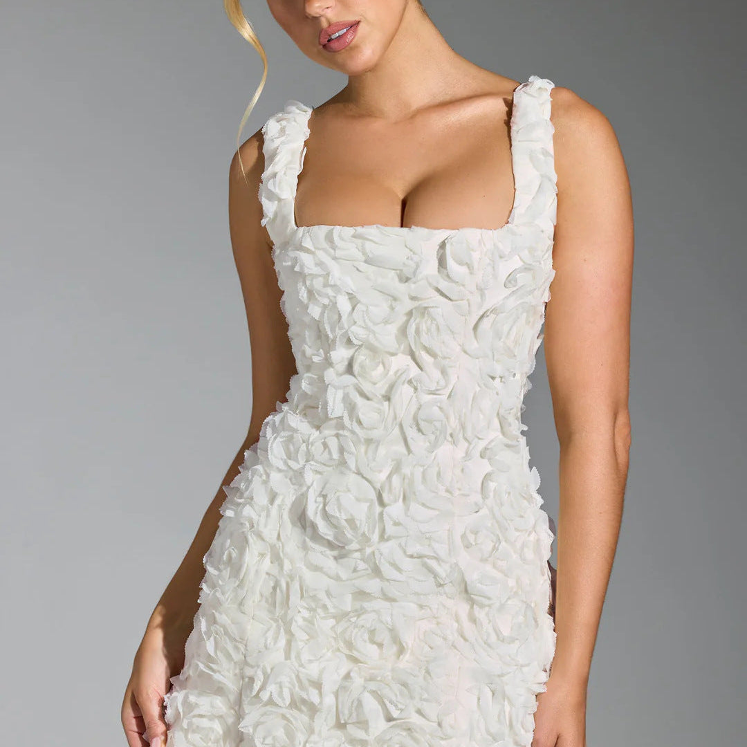 Women's 3D Rosette Floral Mini Dress Square Neck Bodycon