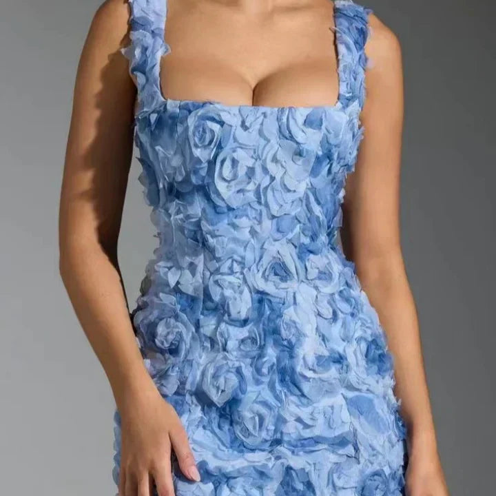 Women's 3D Rosette Floral Mini Dress Square Neck Bodycon