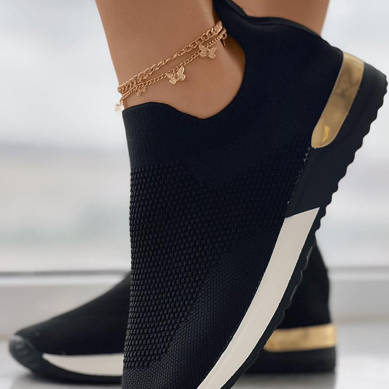 Women's Knit Slip-On Sneakers Gold Heel Accent Walking Shoes