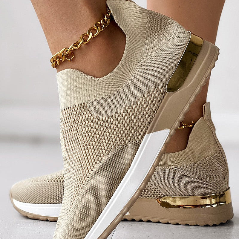Women's Knit Slip-On Sneakers Gold Heel Accent Walking Shoes