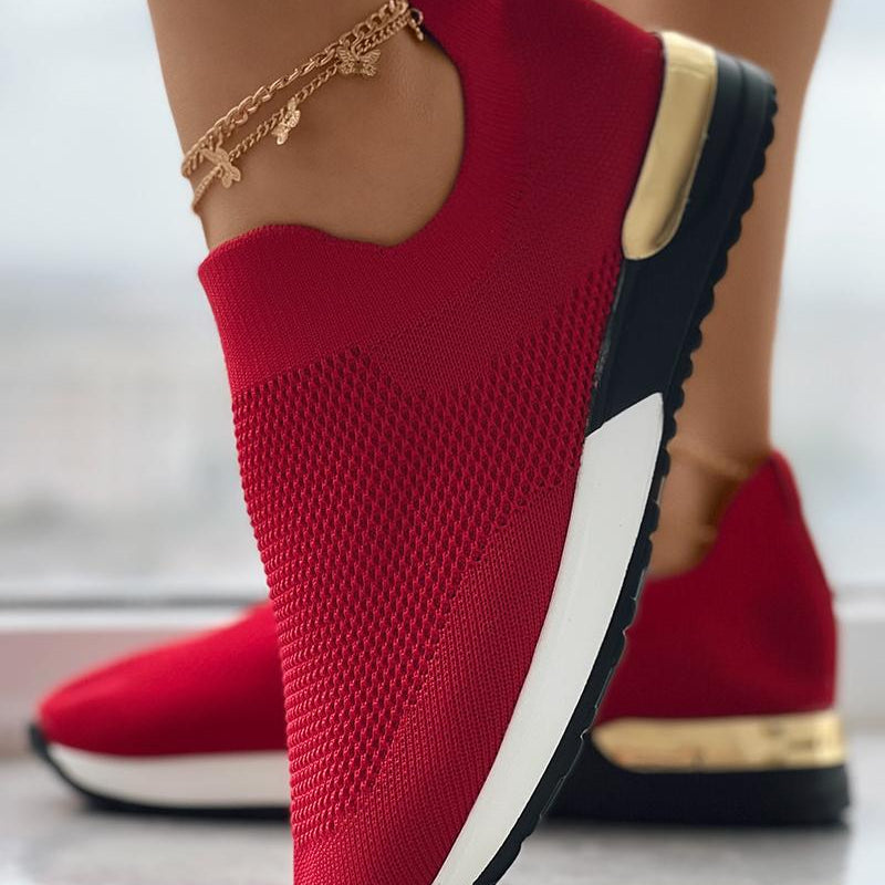 Women's Knit Slip-On Sneakers Gold Heel Accent Walking Shoes